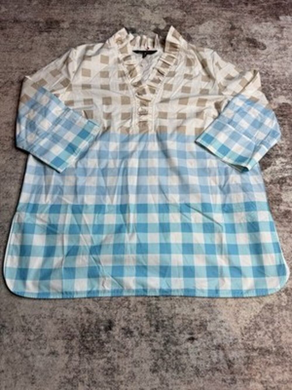 Ming Wang Blouse M Ombre Gingham Ruffle V-Neck Cotton Tunic Popover Top $195